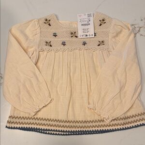 Zara Cream Long-Sleeve Top with Smocked Floral Yoke